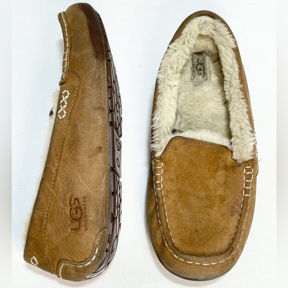 UGG Ansley Suede Sheepskin Moccasin Chestnut Slippers - Picture 10 of 12